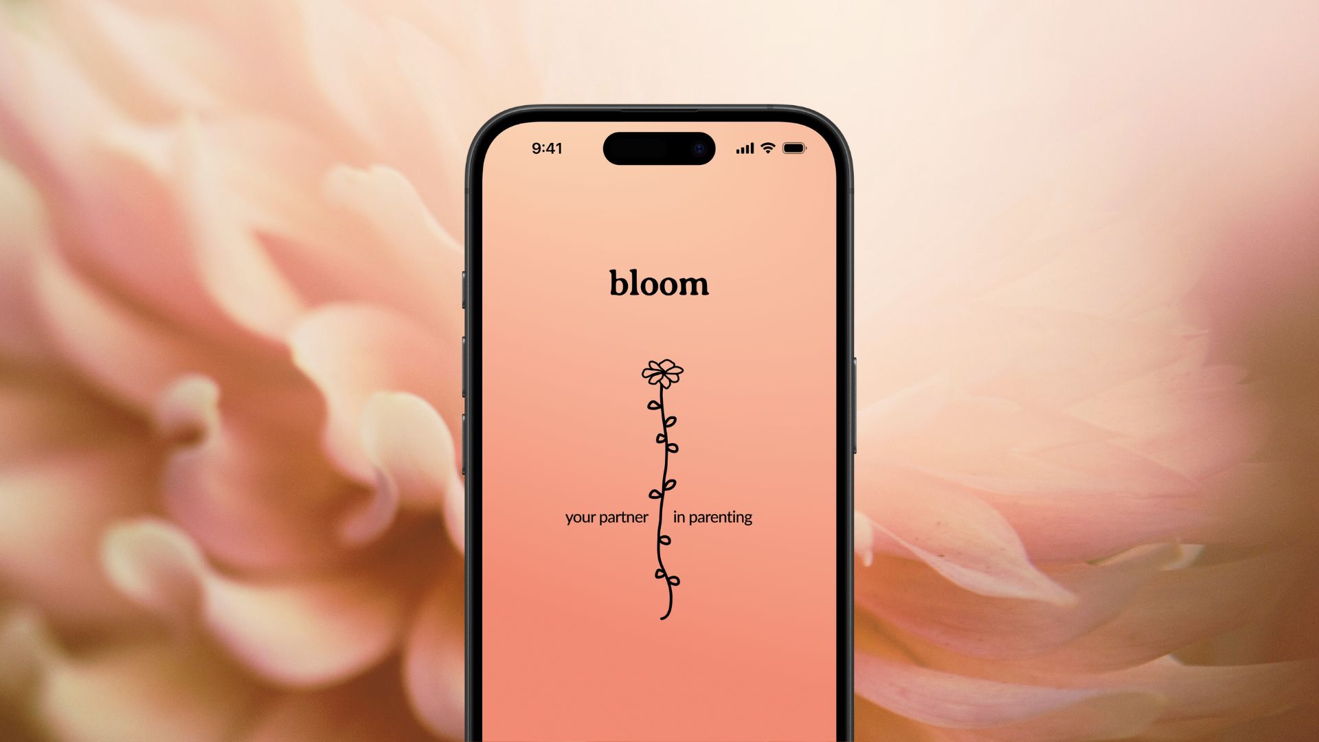 Phone with the app start screen in front of a flower