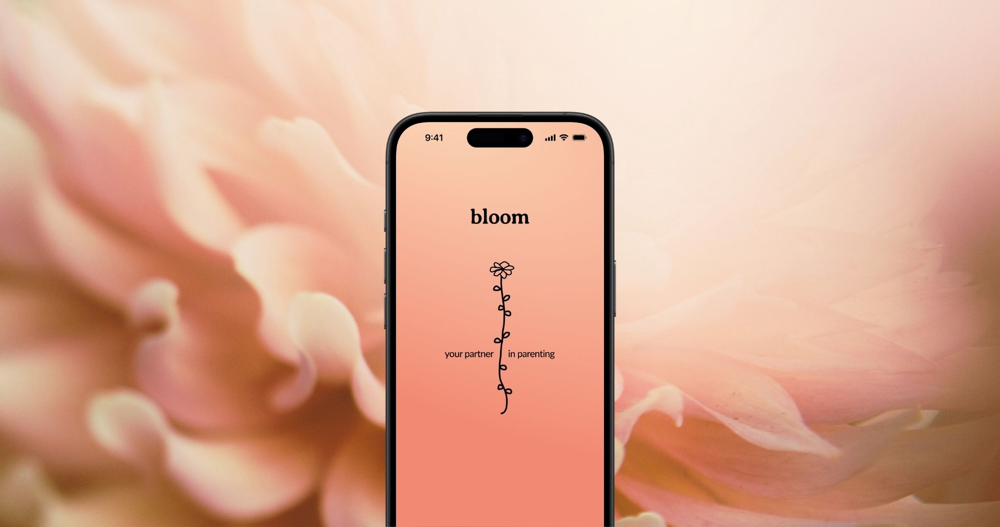 Phone with the app start screen in front of a flower