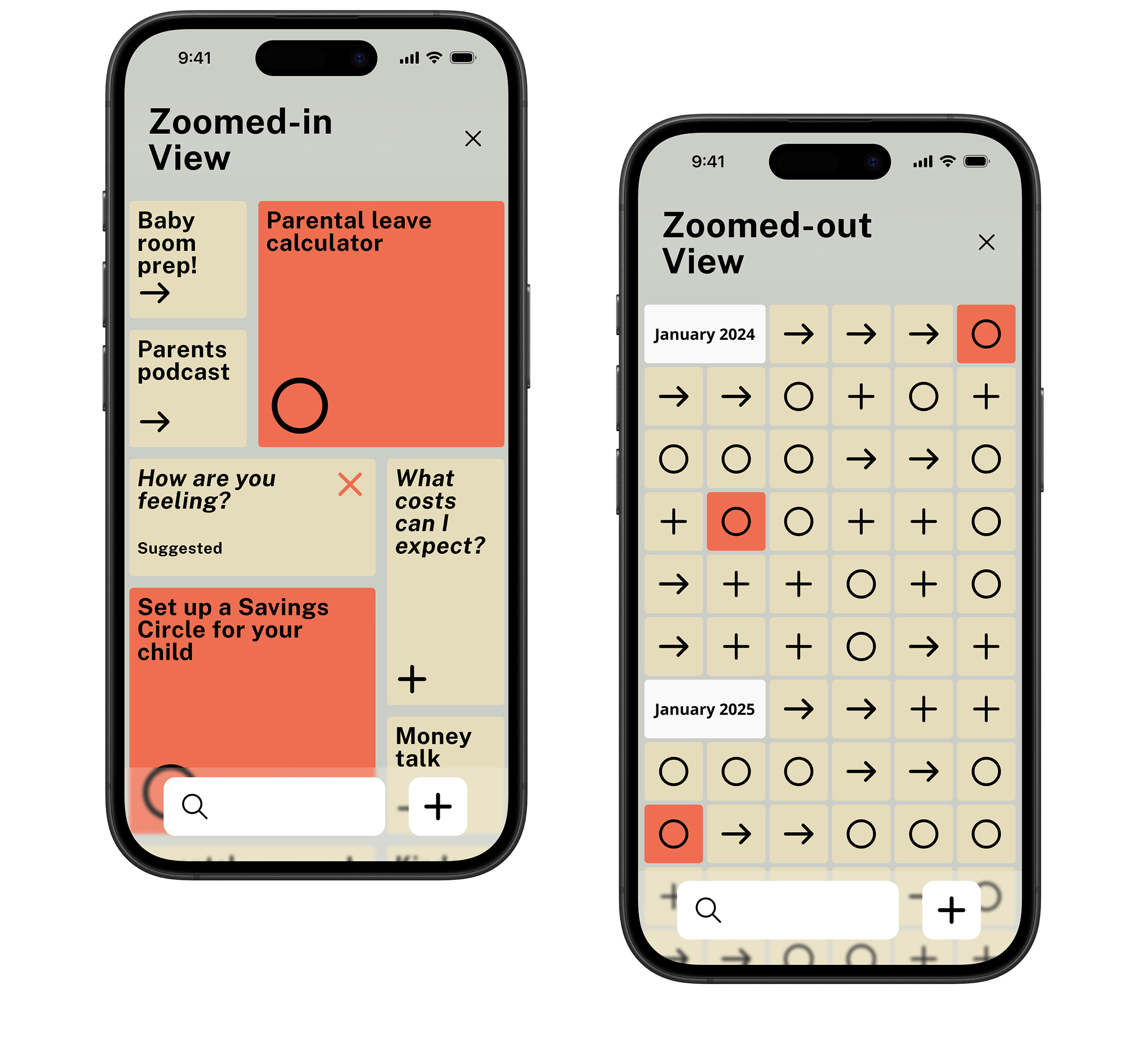 App screens showing an interactive calendar to zoom in and out