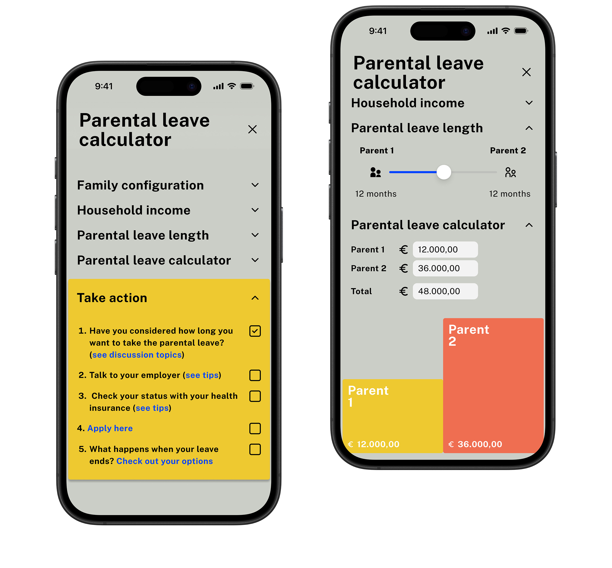 App screens showing a parental leave calculator