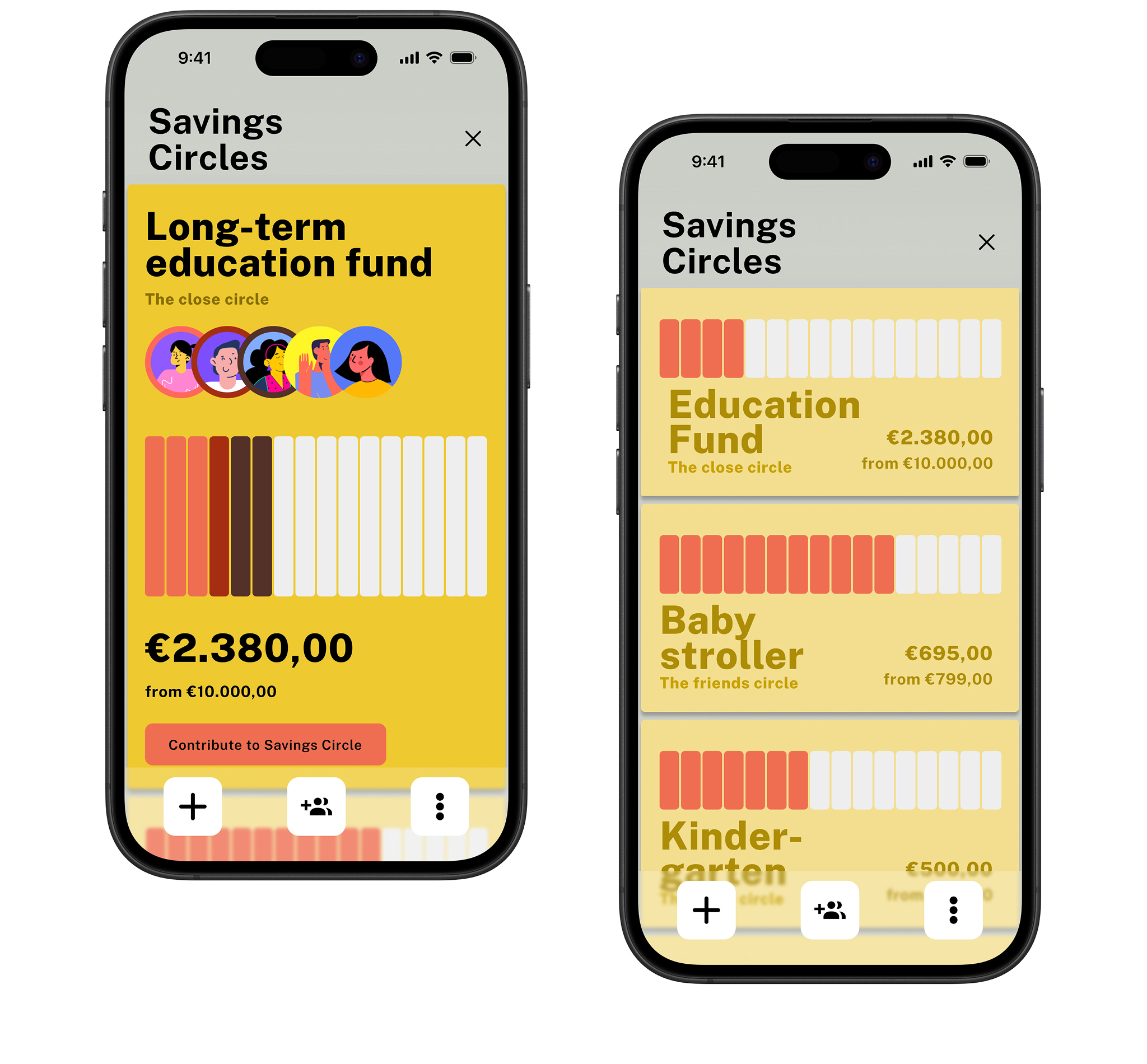 App screens showing different saving goals and their progress