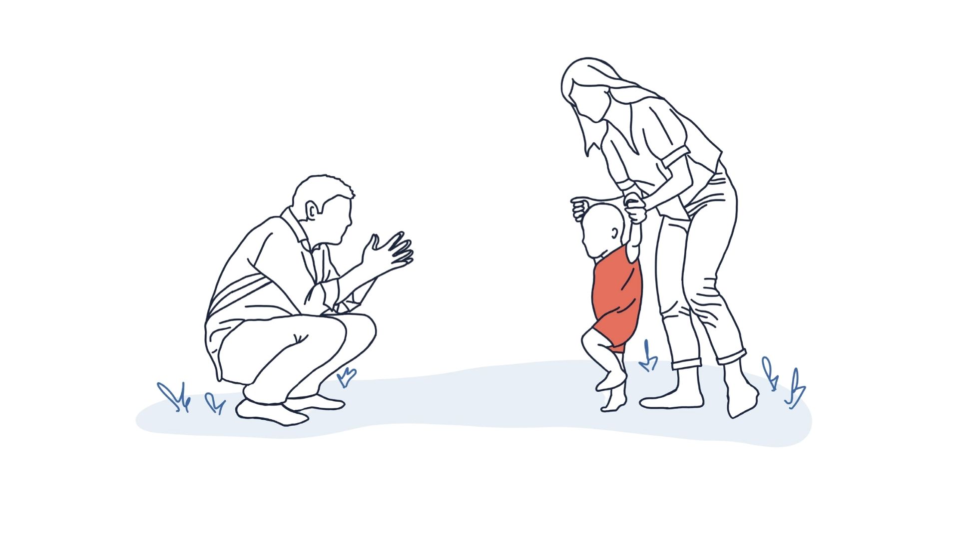 Illustration of two parents helping their child to take the first steps