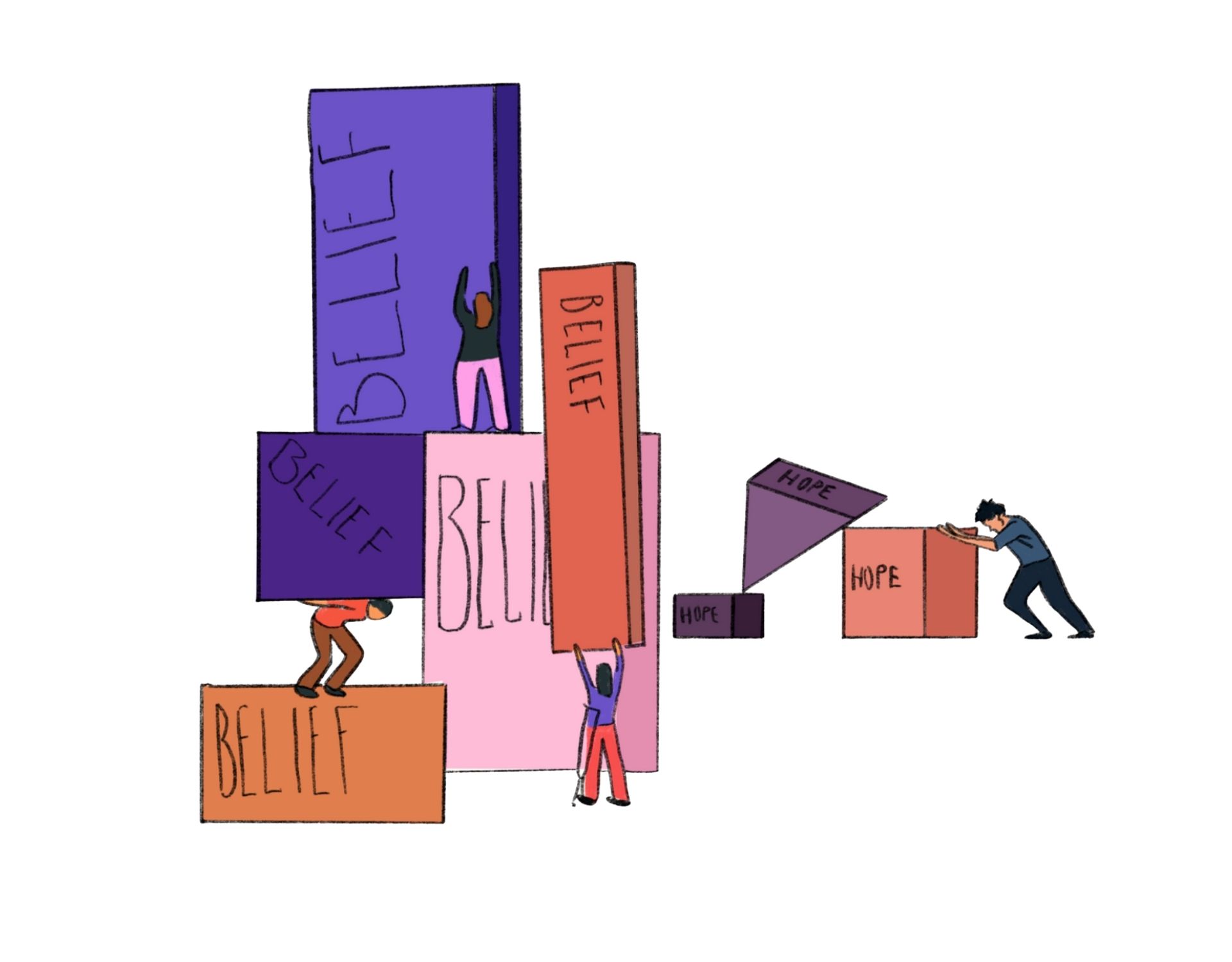 Illustration of people lifting and shifting different building blocks representing values