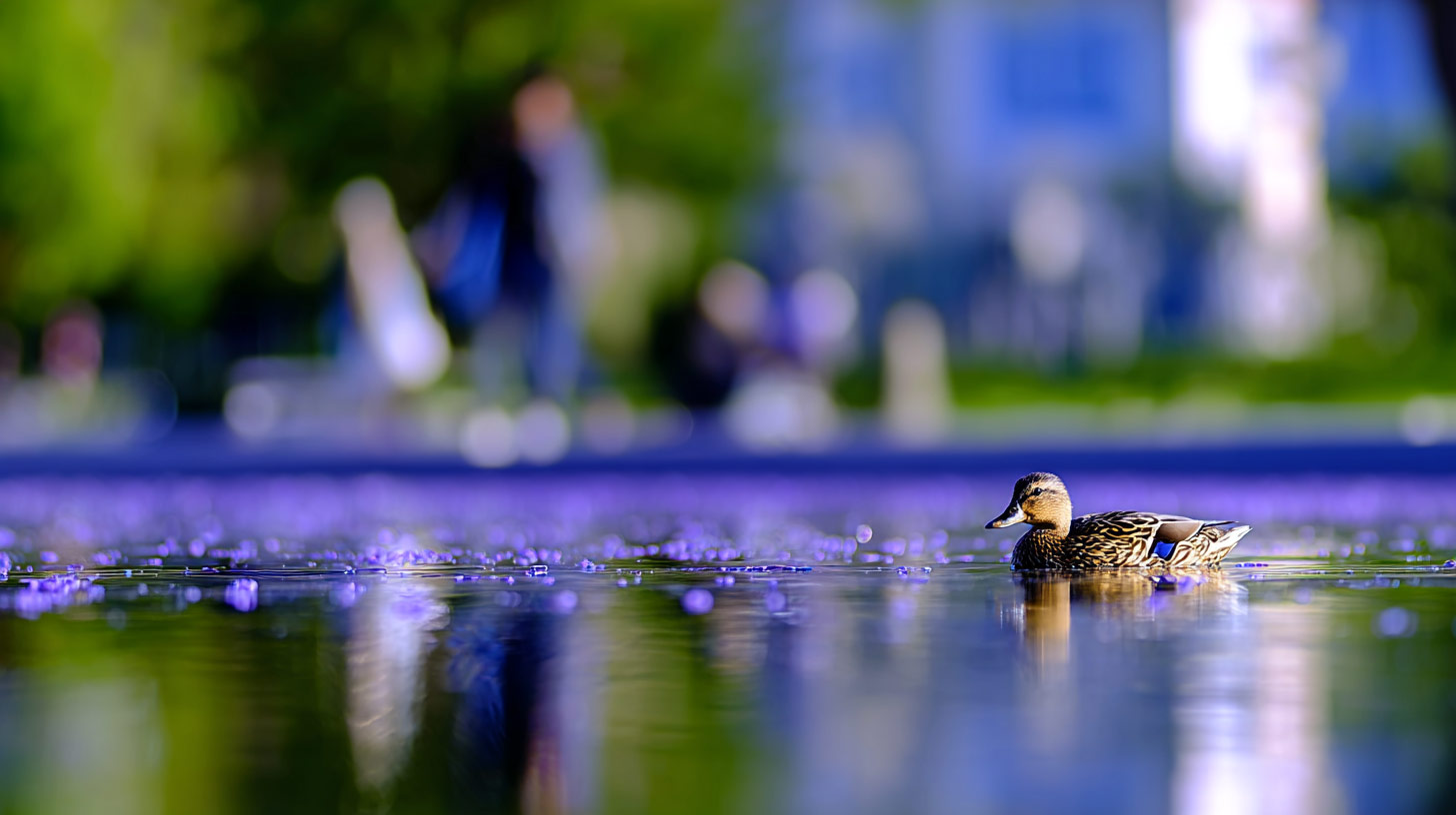 a duck swimming in a pond