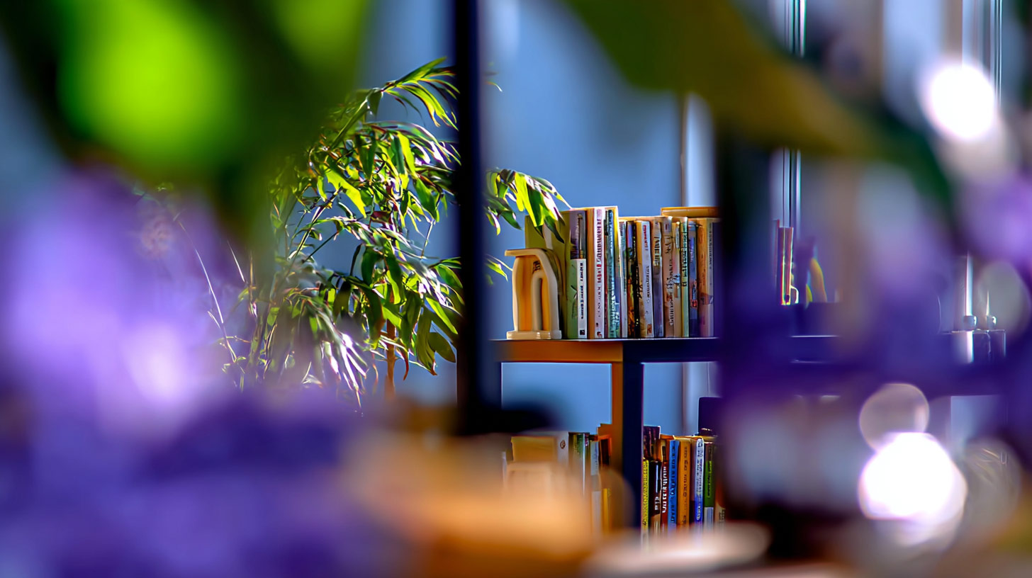 a bookshelf behind plants, in a community cafe