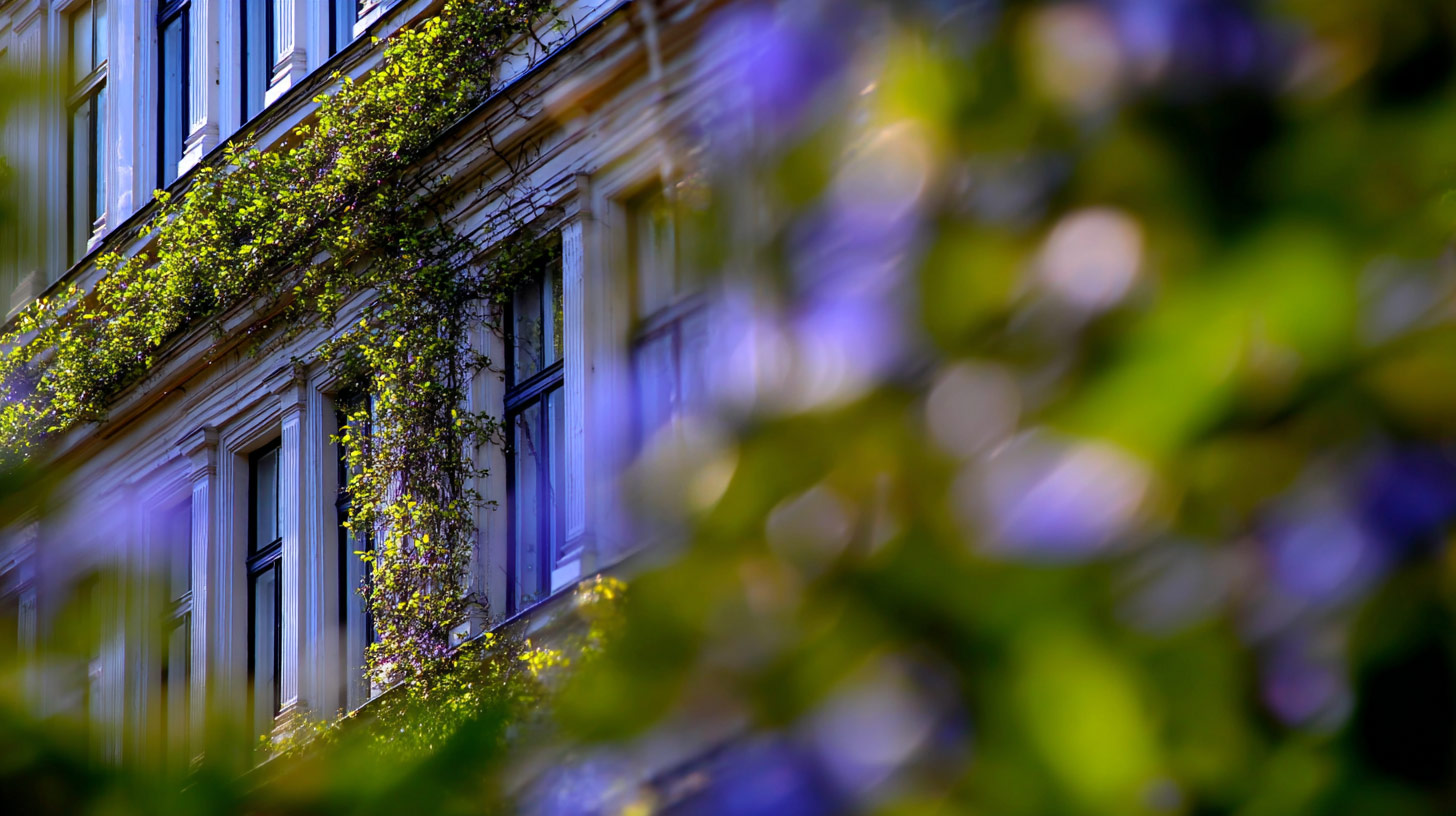 facade of an old building with plants and greenery