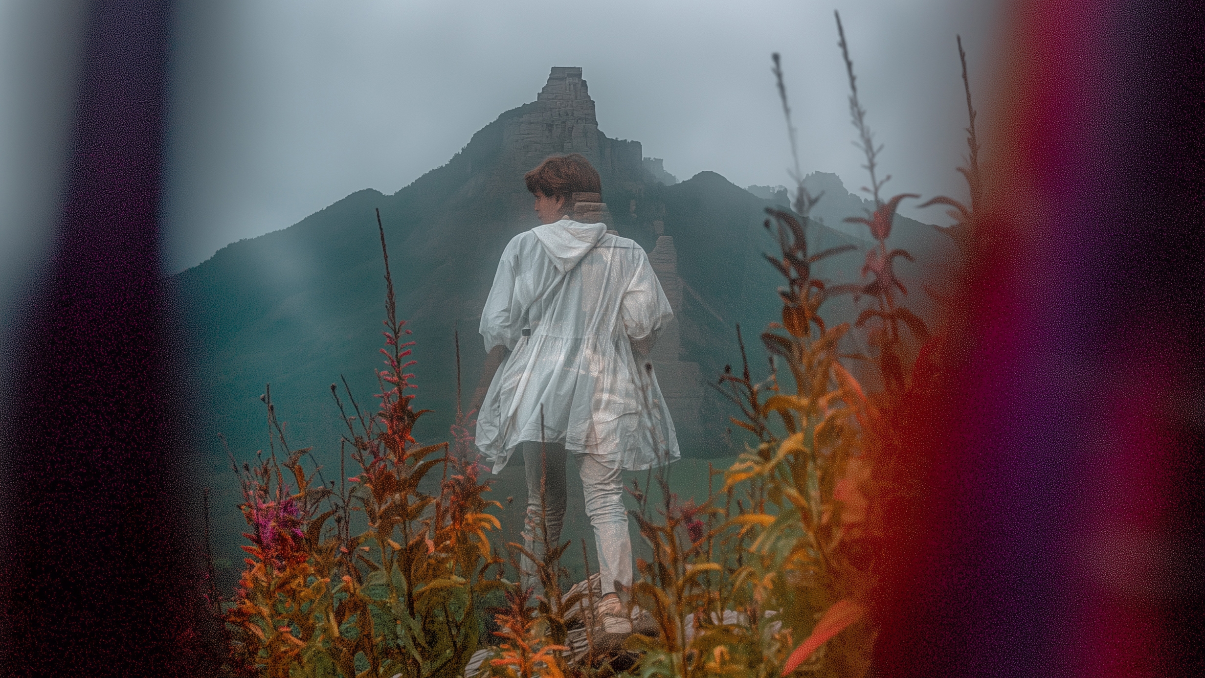 Person walking through a foggy mountain landscape