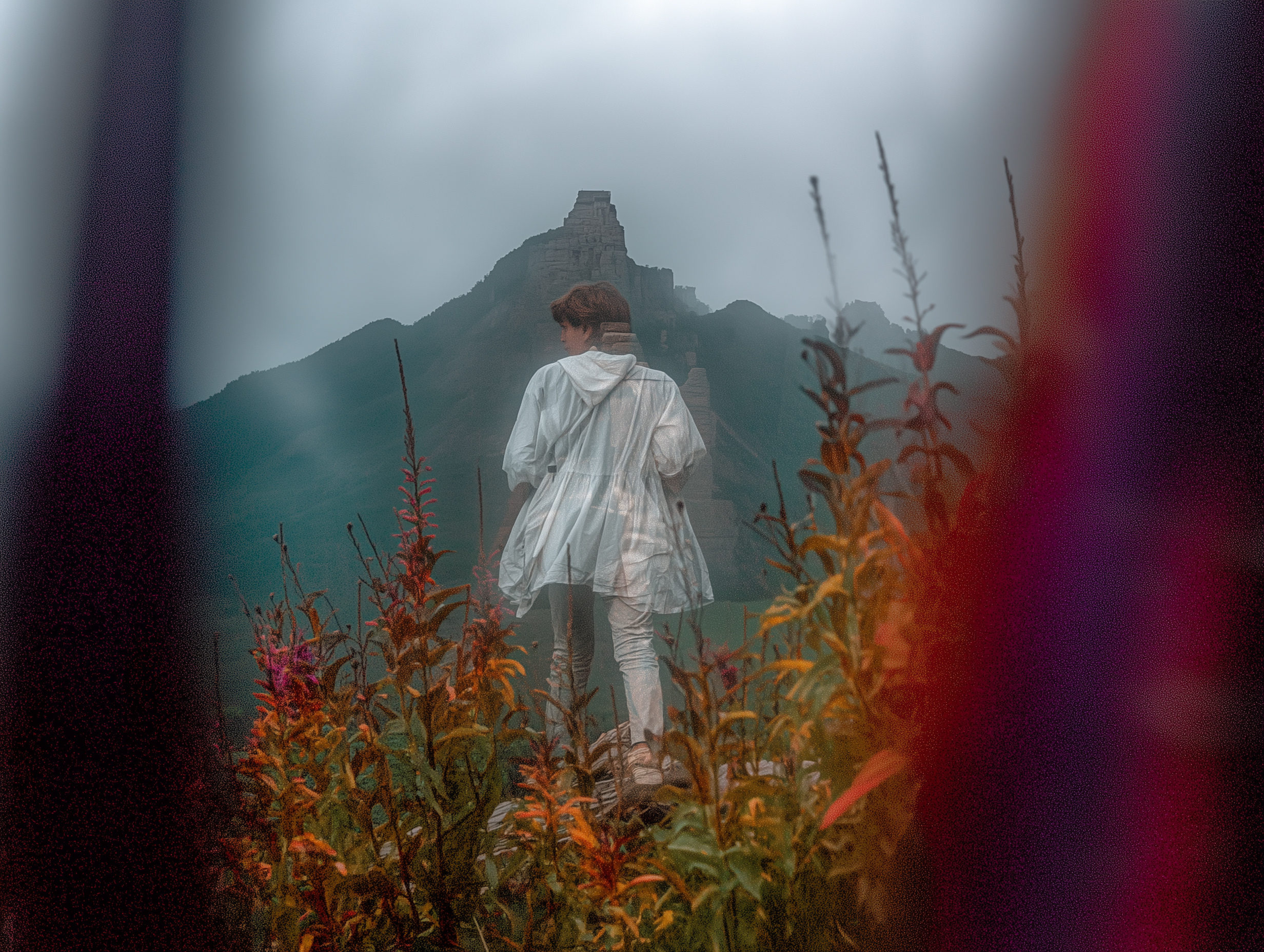 Person walking through a foggy mountain landscape