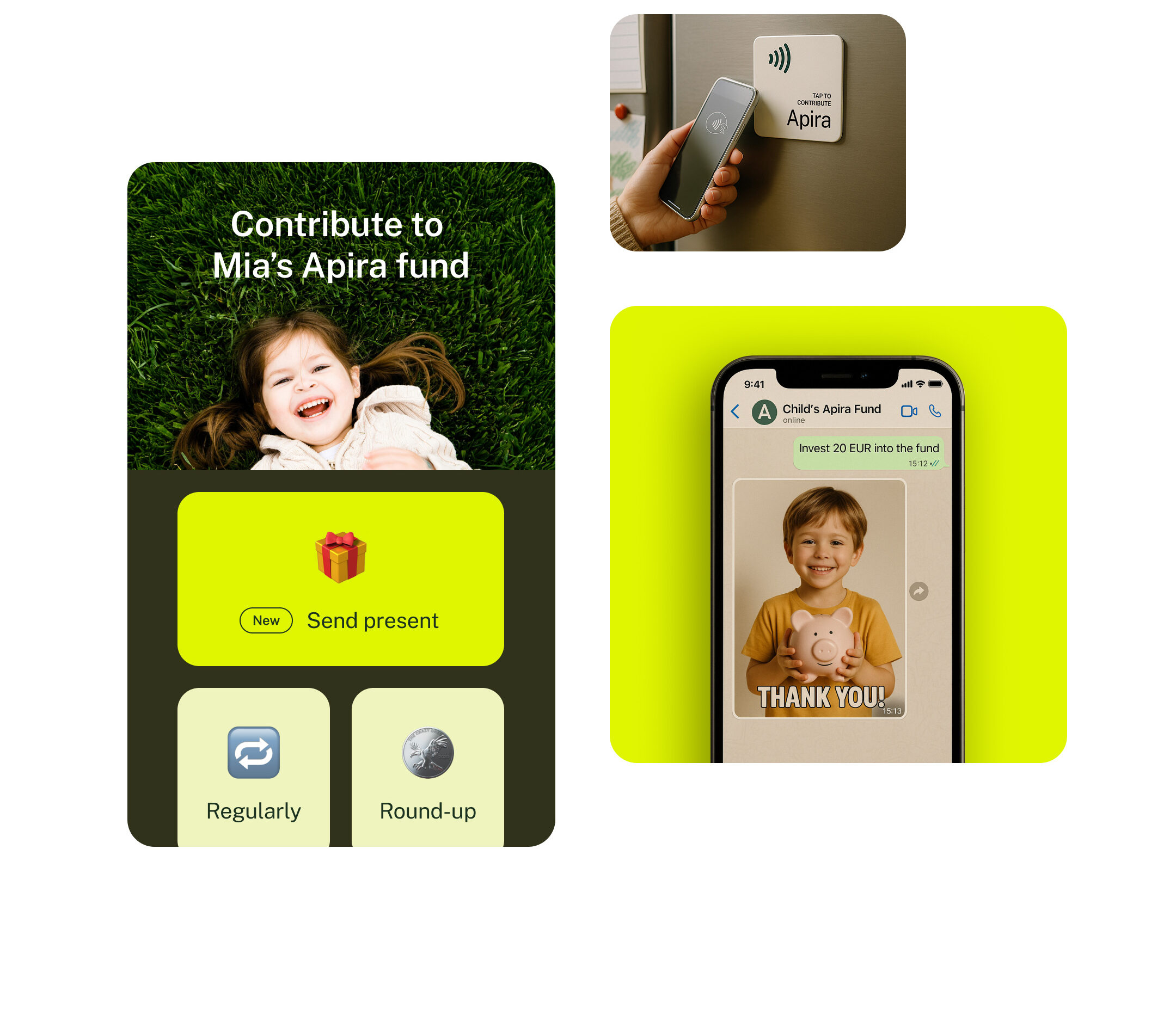 Overview of functions: Contribution options to Apira fund; image of a tap-to-contribute fridge magnet, screenshot of a messenger integration