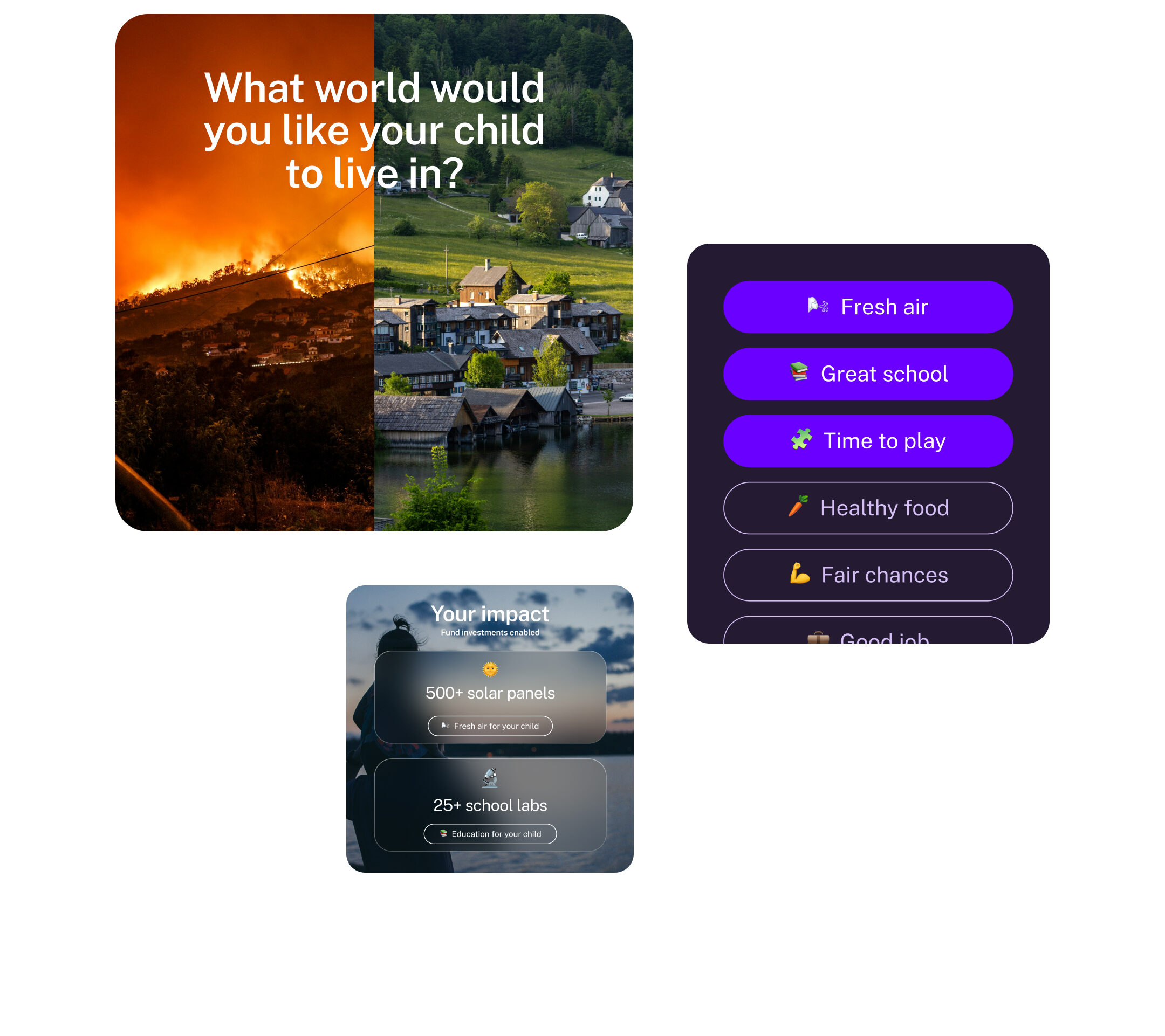 Overview of functions: Question "What world would you like your child to live in?"; Priority selection; visualised impact